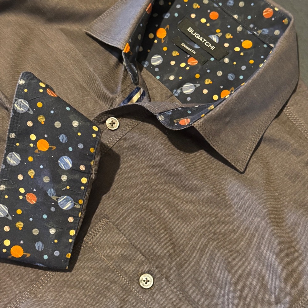 Bugatchi Button Down Shirt Outer Space Planet Print Long Sleeve Dress Shirt M